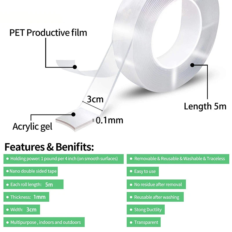 1M/2M/3/5M Nano Tape Double Sided Tape Transparent NoTrace Reusable Waterproof Adhesive Tape Cleanable Home gekkotape