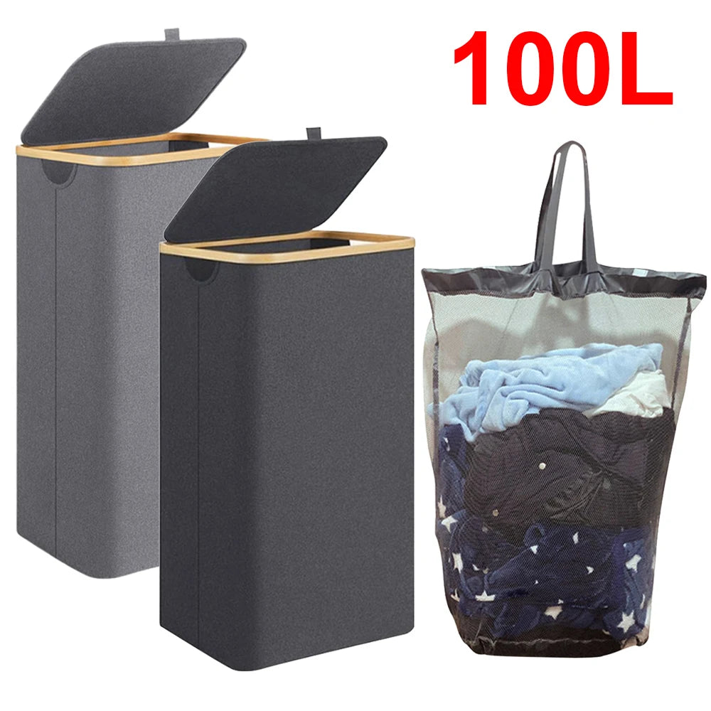 100L Dirty Clothes Basket with Bamboo Handle&Lid Laundry Hamper Basket with Removable Liner Bag Rectangular for Bedroom Bathroom