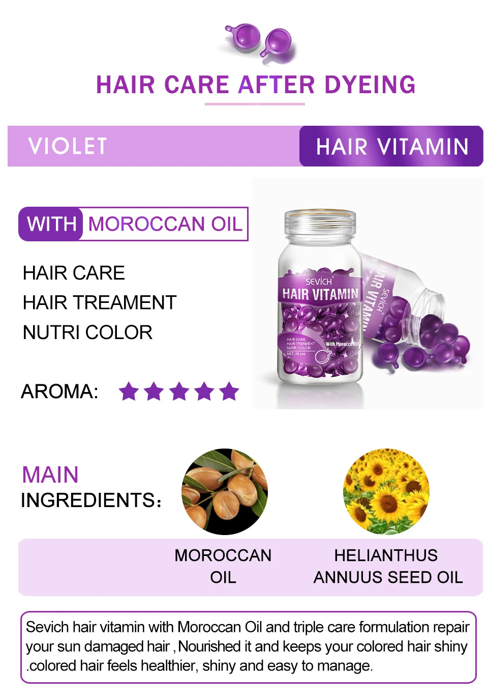 2024 Sevich Vitamin Capsule Repair Damaged Hair Keratin Complex Oil Anti-Loss Moroccan Oil Soft Smooth Silky Hair Care Products