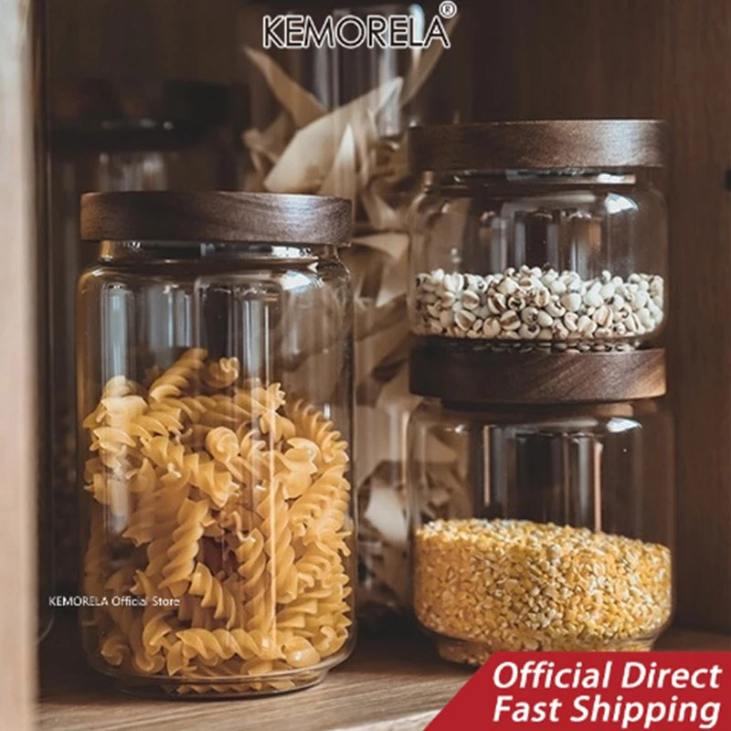 Wood Lid Glass Airtight Canister Kitchen Storage Bottles Jars Food Container Grains Tea Coffee Beans Grains Candy Jar Containers