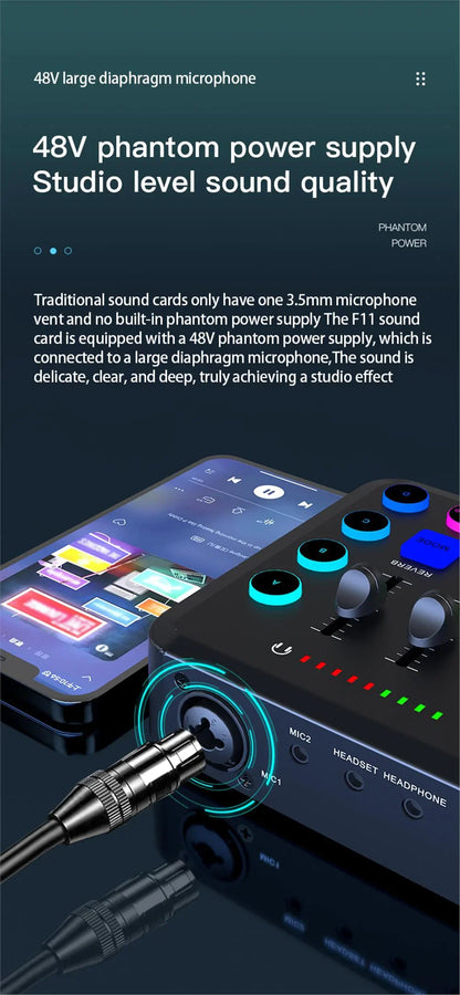 F11 Live Sound Card 5-Channel Mixer Streaming Sound Card Audio Mixer Professional Studio Recording Kit Podcast Accessories Parts