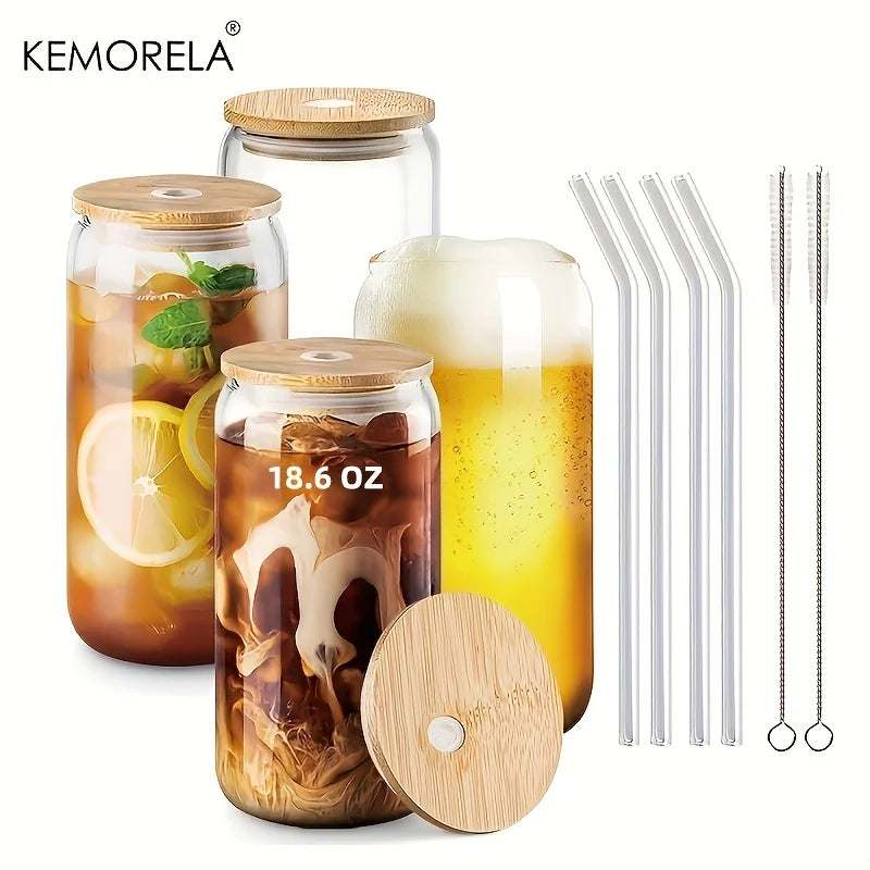 18.6OZ Glass Cup With Lid and Straw Transparent Bubble Tea Cup  Glass Beer Can Milk Mocha Cups1/2/4 Set Breakfast Mug Drinkware