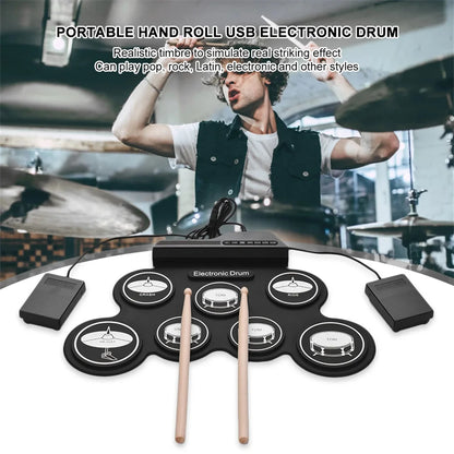 Electronic Drum Set Foldable Music Drums USB Silicone Drum Portable Practice Drums USB Pad Portable Practice Drums Kit with Drum