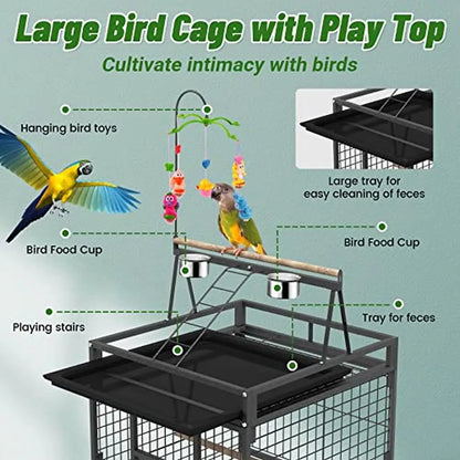 Wrought Iron Bird Cage Rolling Stand PlayTop Parrot Lovebirds Cockatiels Pigeons Flight Cage