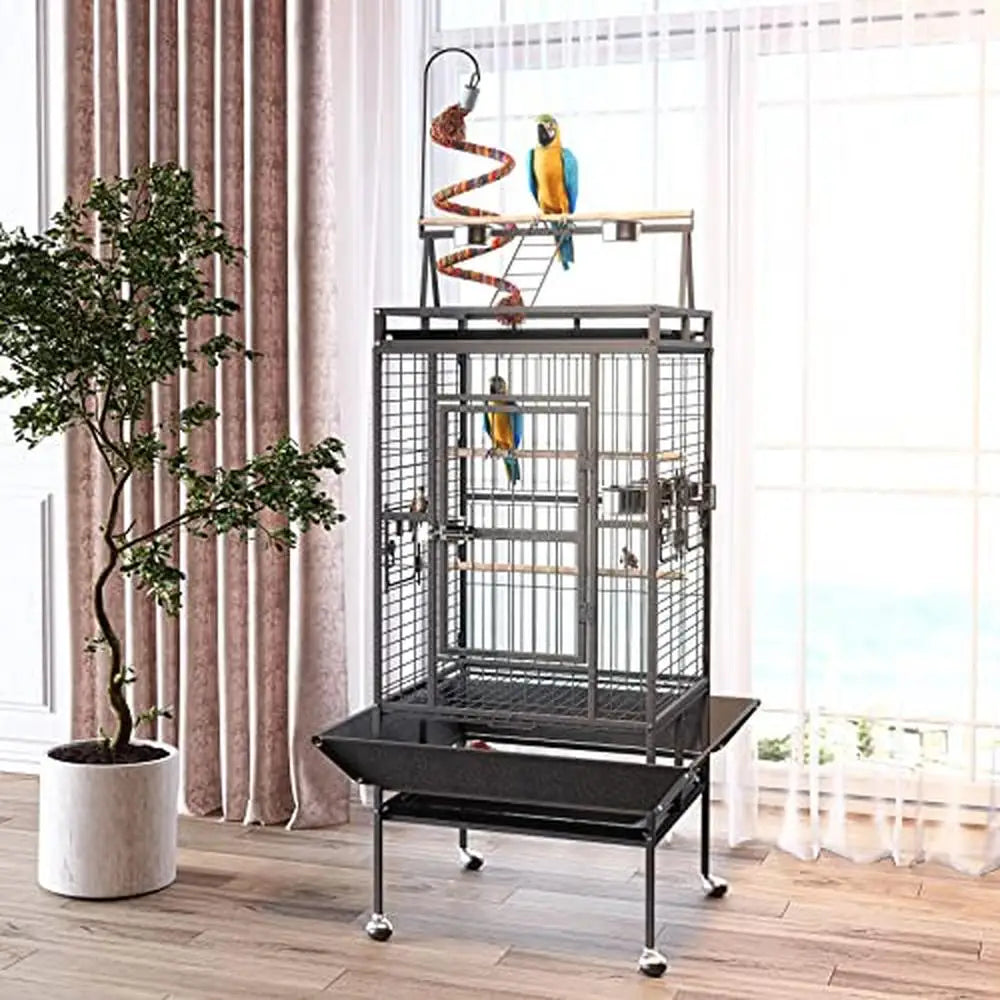 Wrought Iron Bird Cage Rolling Stand PlayTop Parrot Lovebirds Cockatiels Pigeons Flight Cage