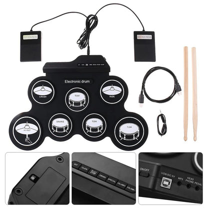 Electronic Drum Set Foldable Music Drums USB Silicone Drum Portable Practice Drums USB Pad Portable Practice Drums Kit with Drum