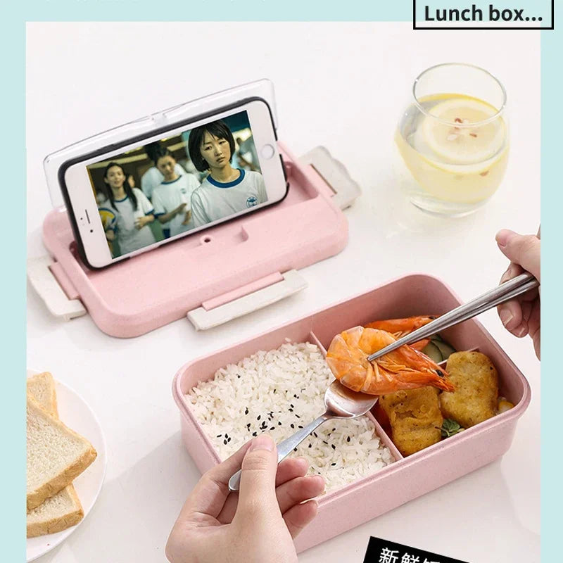 Microwave Lunch Box Wheat Straw Dinnerware with Spoon Chopsticks Food Storage Container Children Kids School Office Bento Box