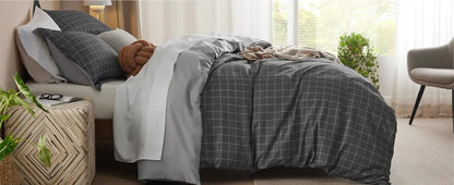 Bedsure Plaid Duvet Cover Twin Size - Grid Duvet Cover Set for Kids with Zipper Closure, Dark Grey Bedding Set