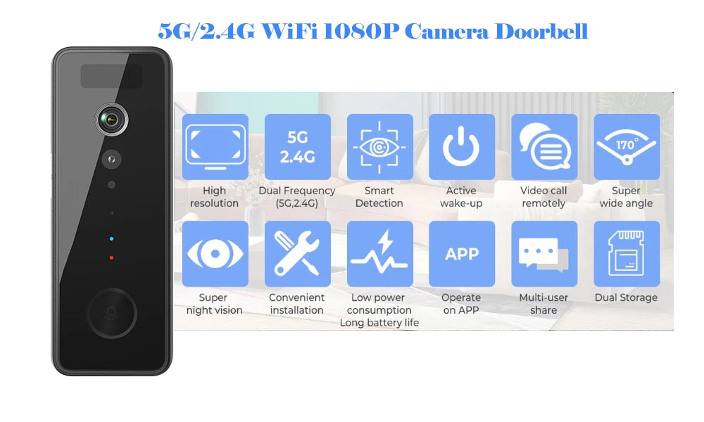 5G 2.4G 1080P WiFi Video Doorbell Dual Band Wireless Home Door Bell Tuya Smart Waterproof APP Remote Intercom Security Camera