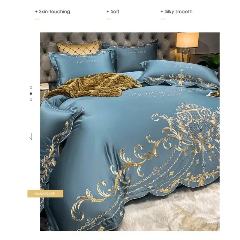 European Style Bedding Set Luxury Gold Royal Embroidery Satin Double Duvet Cover Pure Cotton Bed Sheets and Pillowcases Bed Set