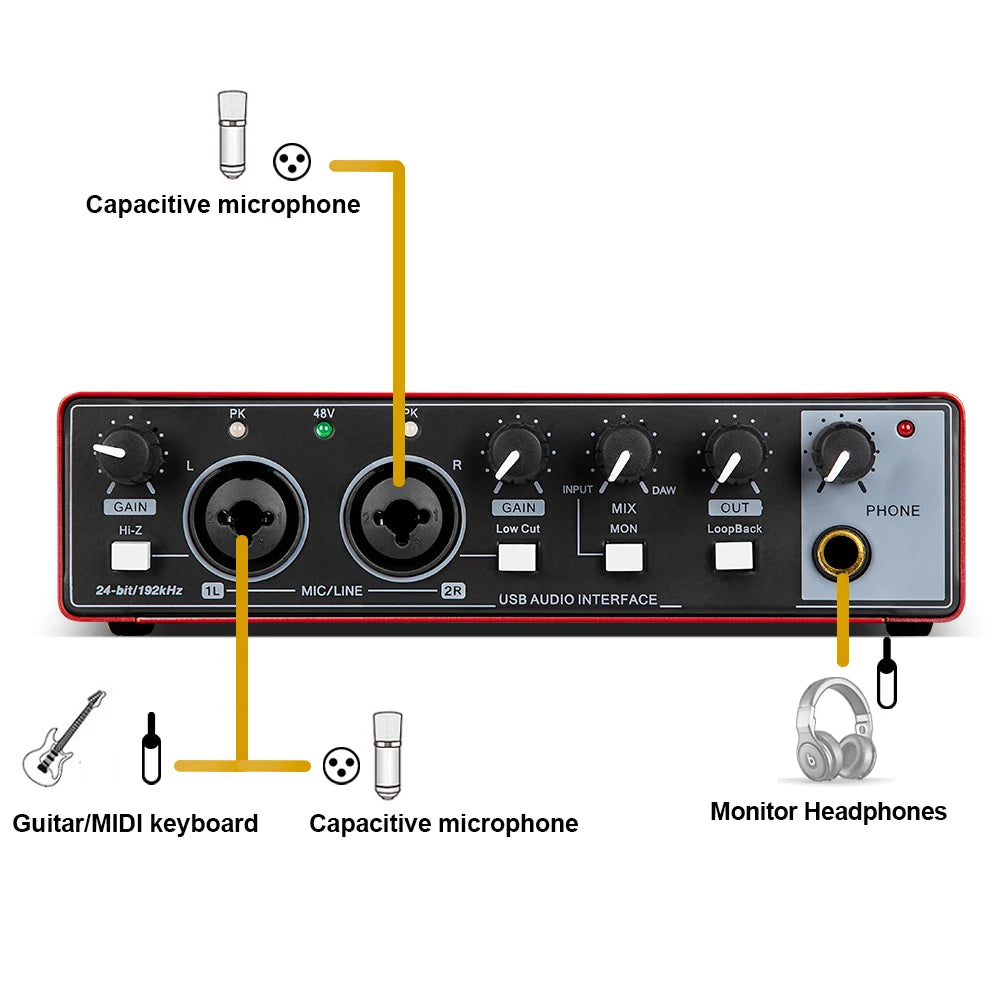 Audio Interface Depusheng MD22 Professional Sound Card with Monitoring Electric Guitar Live Recording For Studio Singing Micro