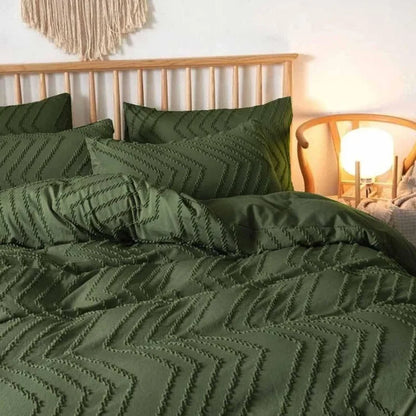 Olive Green Duvet Cover King Size, 3pc Boho Tufted Microfiber Bedding Comforter Cover Set, All Season Aesthetic Shabby Chic