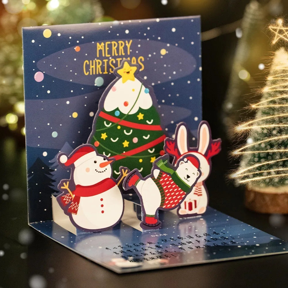 3D Pop UP Christmas Greeting Cards with Envelope Friend Family Blessing Postcard Birthday New Year Christmas Gifts Decoration