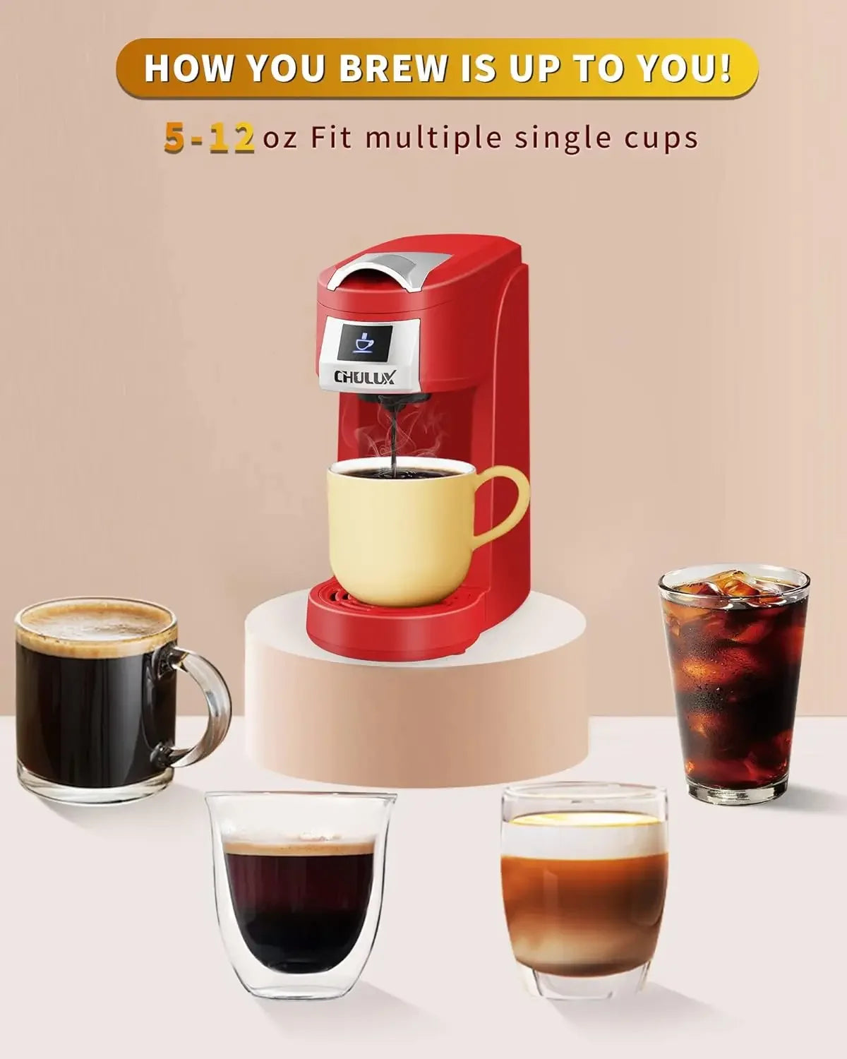 NEW Single Serve Coffee Maker, Red Single Cup Coffee Machine for K Cup & Ground Coffee, 5 to 12oz Brew Sizes in Mins for Home