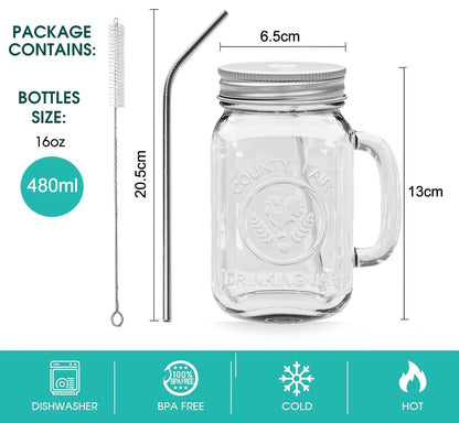 480ML Square Glass Cup with Lid and Straw Mason Jars Set With Handle For Cold Drinks Juice Mason Jar Drinking Glasses Drinkware