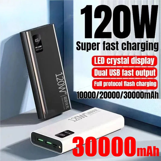 Portable Power Bank 120W Super Fast Charging 30000mAh High-capacity External Battery Charger Digital Display For Xiaomi Iphone