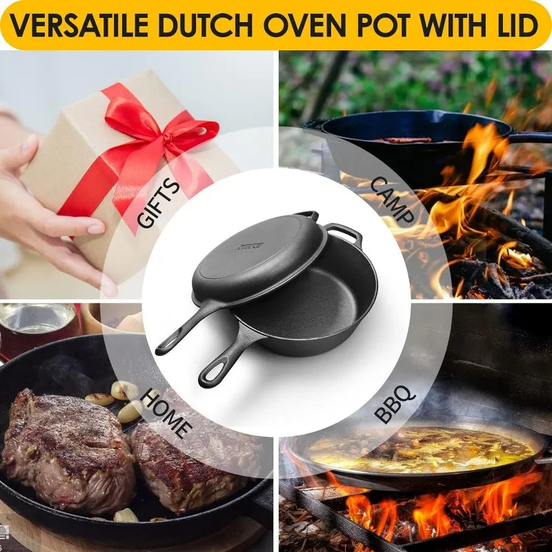 Cast Iron Dutch Oven Pot with Skillet Lid Cooking Pan, Cast Iron Skillet Cookware Pan Set with Dual Handles Indoor Outdoor