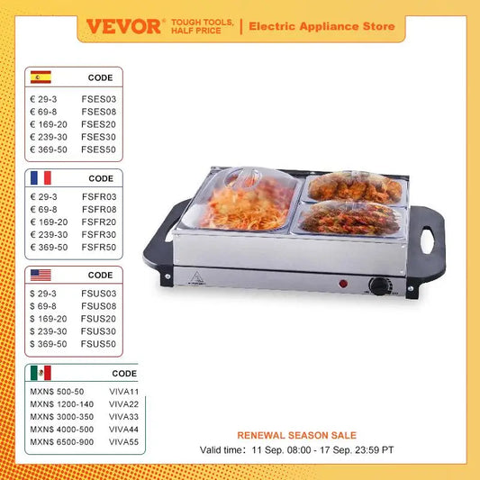 VEVOR Electric Buffet Server Food Warmer Portable Stainless Steel Chafing Dish Set Temp Control Oven-Safe Pan for Parties Events