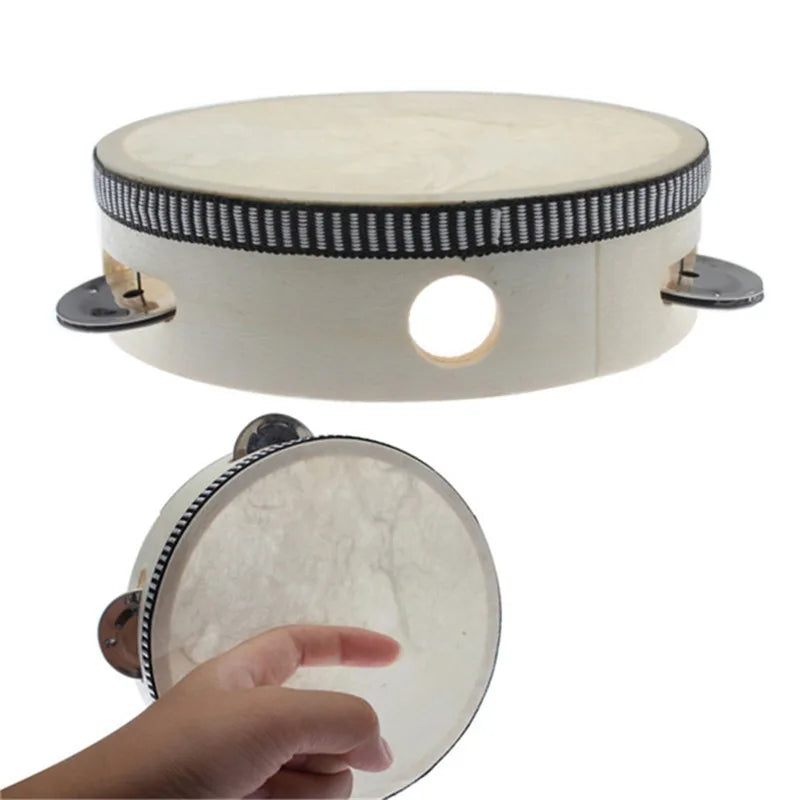 6Inch Sheep Skin Head Tambourine Drum 4 Pairs Jingles Wooden Frame Head Musical Tambourine Beat Instrument Hand Drum