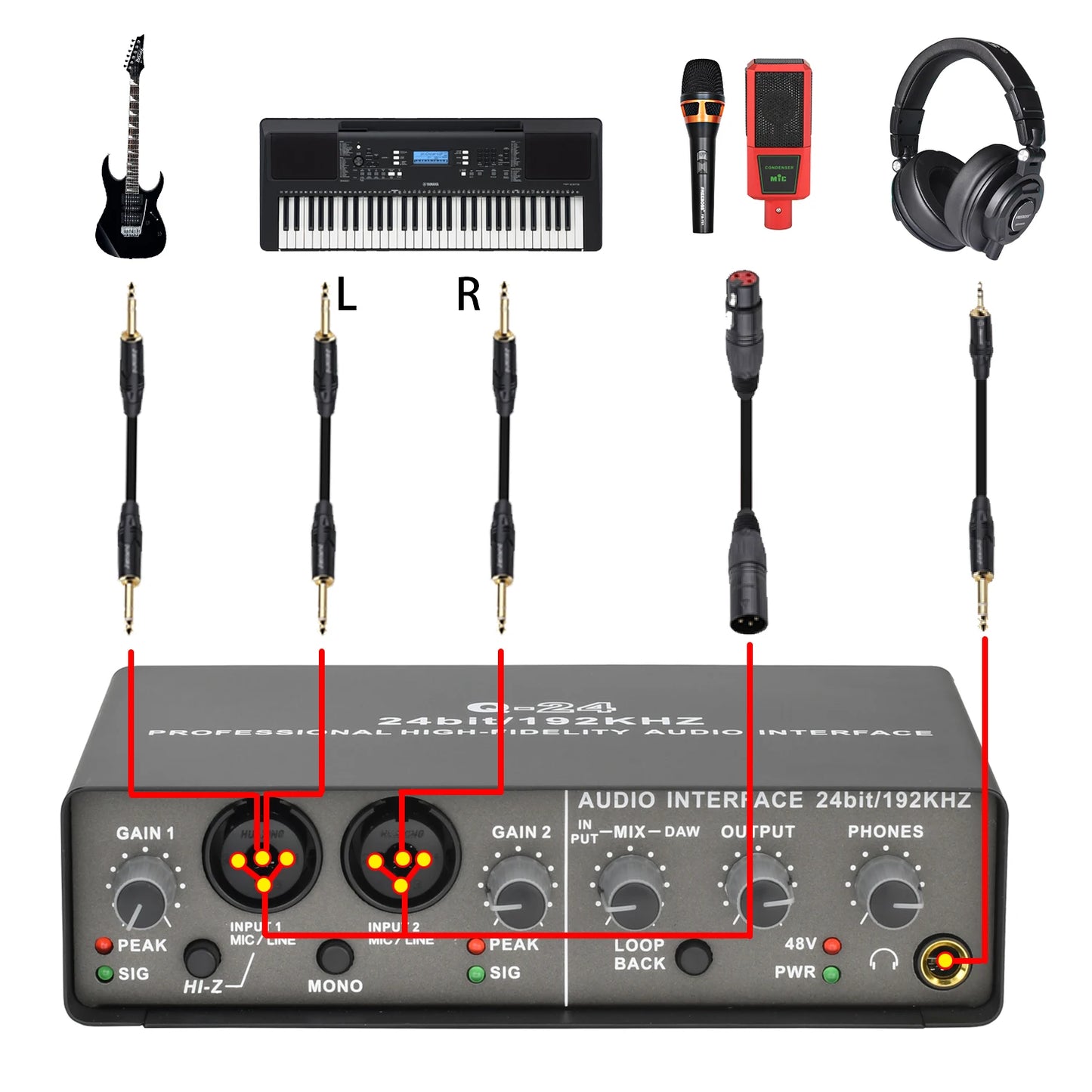 Go Professional Audio Interface Sound Card with Monitoring Electric Guitar Live Recording Audio Extractor For Studio Singing Q24