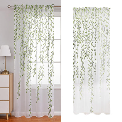 Sheer Window Curtain Panels Green Window Treatment Willow Leaves Print for Bedroom Children Living