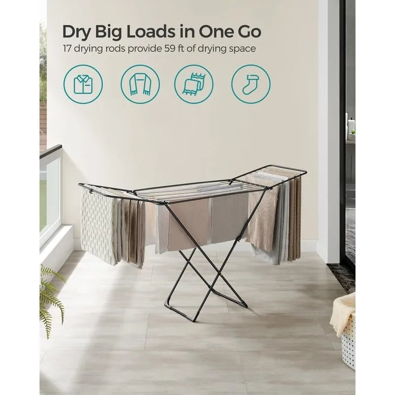 Clothes Drying Rack, Metal Laundry Drying Rack, Foldable, Space-Saving, Free-Standing Airer, with Gullwings, Indoor Outdoor