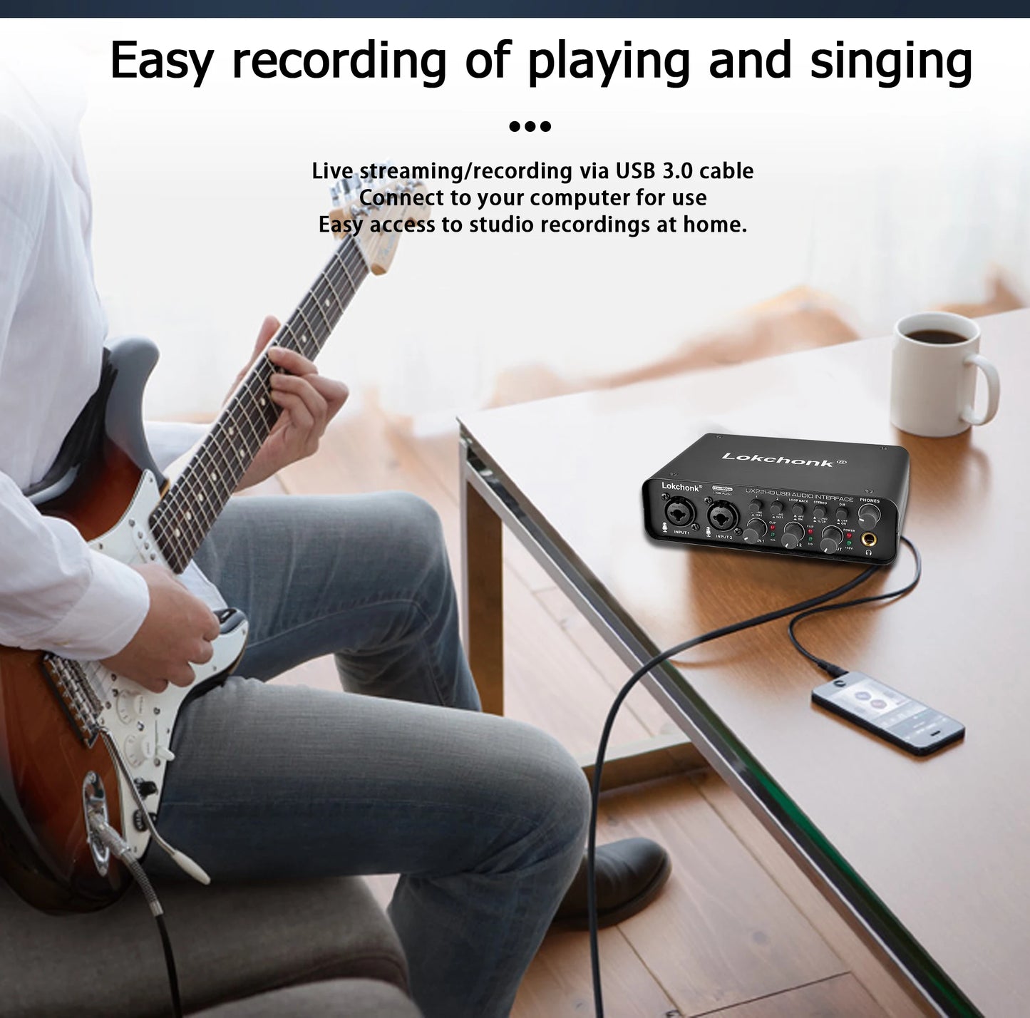 UX22 Audio Interface Sound Card 24-bit/192KHz AD Converter, Electric Guitar Live Recording Professional Studio Singing, Podcast