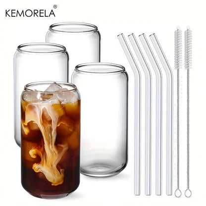 KEMORELA 1/4 Set Glass Cup With Lid and Straw Transparent Bubble Tea Cup Glass Beer Can Milk Mocha Cups Breakfast Mug Drinkware