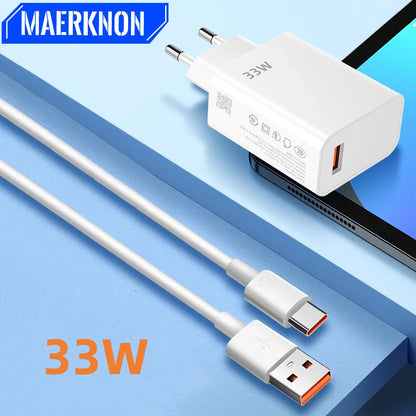 USB Charger 33W Fast Charging EU/US Plug Wall Charger 6A Type C Cable For Xiaomi Redmi K30 K40 iPhone Quick Charge Phone Adapter