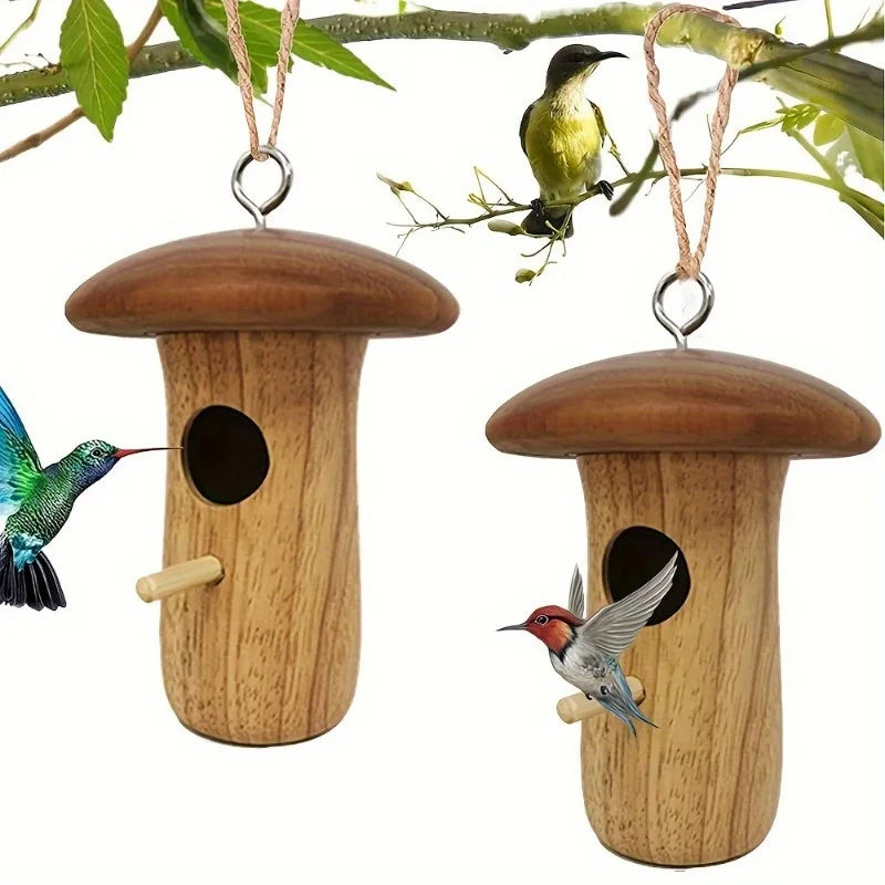 1Pc Outdoor Hummingbird House Natural Wooden Hanging Hummingbird Nest Wild Bird Feeder Outdoor Garden Yard Wooden Hanging Crafts