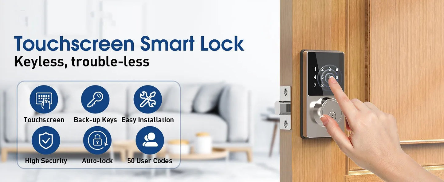 Smart Lock with password, Keyless Entry Door Lock with Touchscreen Keypads, Easy to Install, App Unlock, 50 User Codes