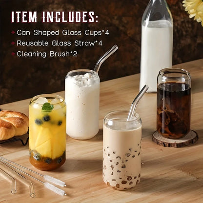 KEMORELA 1/4 Set Glass Cup With Lid and Straw Transparent Bubble Tea Cup Glass Beer Can Milk Mocha Cups Breakfast Mug Drinkware