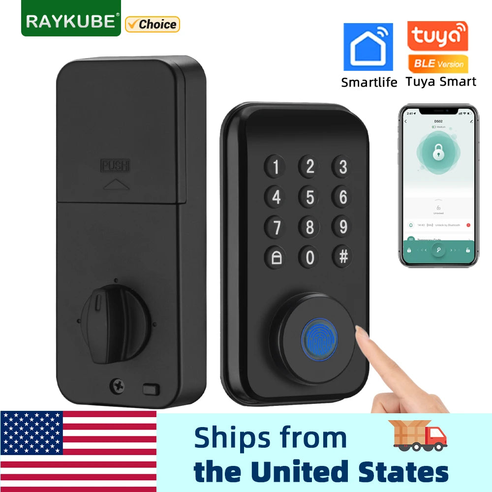 RAYKUBE DS02 Tuya Smart Fingerprint Deadbolt Electric Lock with Latch Auto Lock Key/Password/ Tuya APP Unlock Delivery From USA.