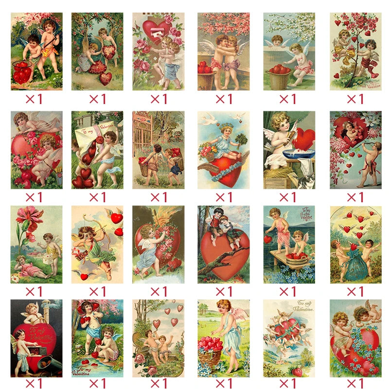 12pcs Retro Valentine's Day Postcard Cute Couple Little Angel Love Heart Pattern Greeting Card Anniversary To My Valentine Gift