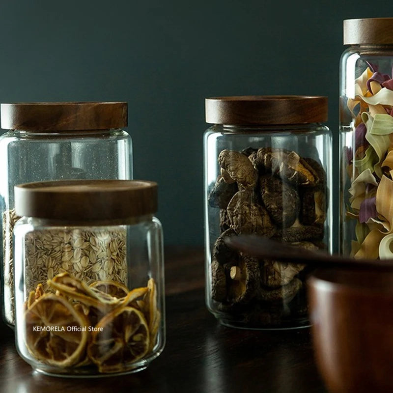 Wood Lid Glass Airtight Canister Kitchen Storage Bottles Jars Food Container Grains Tea Coffee Beans Grains Candy Jar Containers