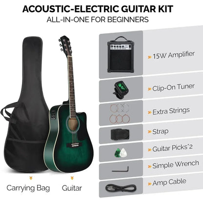 Full Size 6 Strings Acoustic Electric Guitar Beginner Kit w/ 15W Amp,w/Inbuilt Tuner, Bag, Strap, Picks, Strings