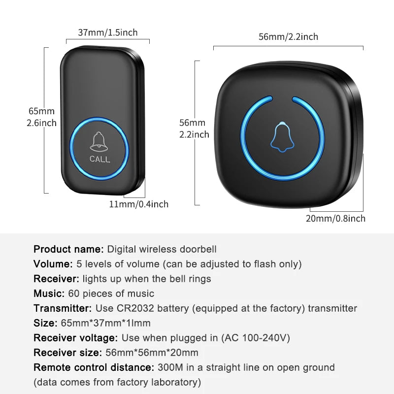 Wireless Doorbell Intelligent Welcome Door Bell 300M/984 FT Remote 60 Songs Melodies Home Smart Doorbell US EU Plug Optional