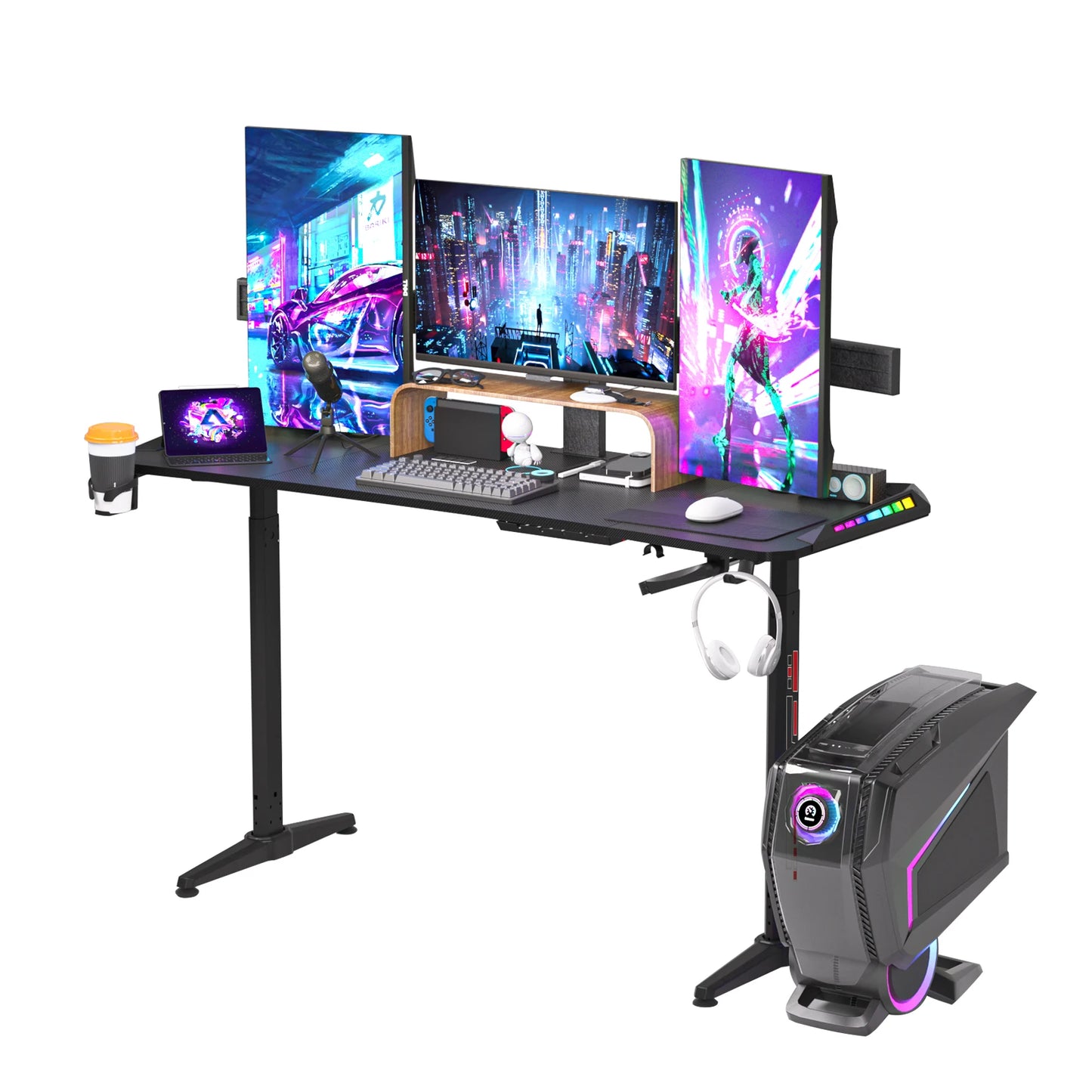 Height Adjustable Gaming Desk Standing Desk, Large Gaming Computer Desk with RGB LED Lights for Gaming and Home Office,Black