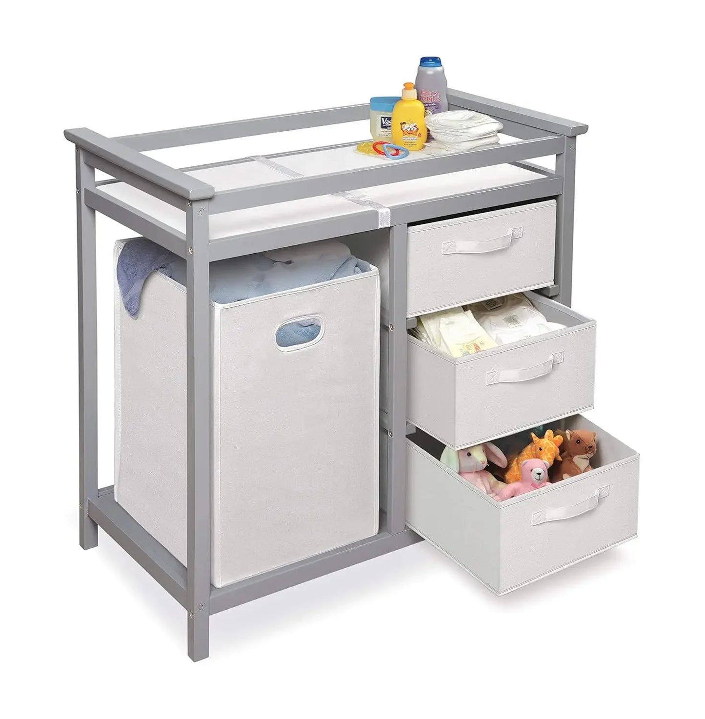 Modern Baby Changing Table with Laundry Hamper 3 Storage Drawers and Pad Diaper Change Station Cool Gray/White