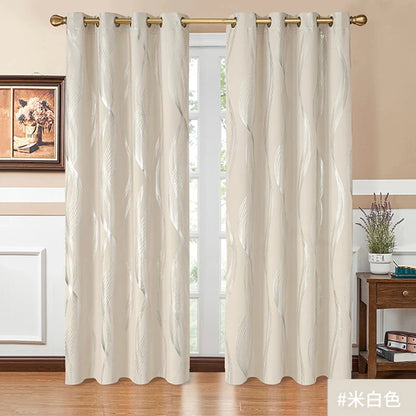 2Pcs Curtains Silvery Wave Striped Pattern Window Drape Blackout Grommet Top Window Treatment For Bedroom Living Room