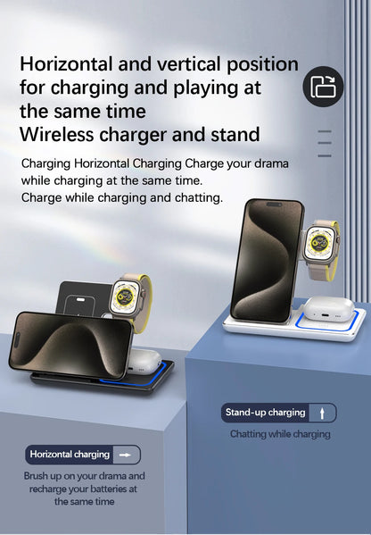 30W LED Fast Wireless Charger Stand 3 in 1 Foldable Charging Station For iPhone 15 14 13 12 11 Apple Watch 9 8 7 6 5 Airpods Pro