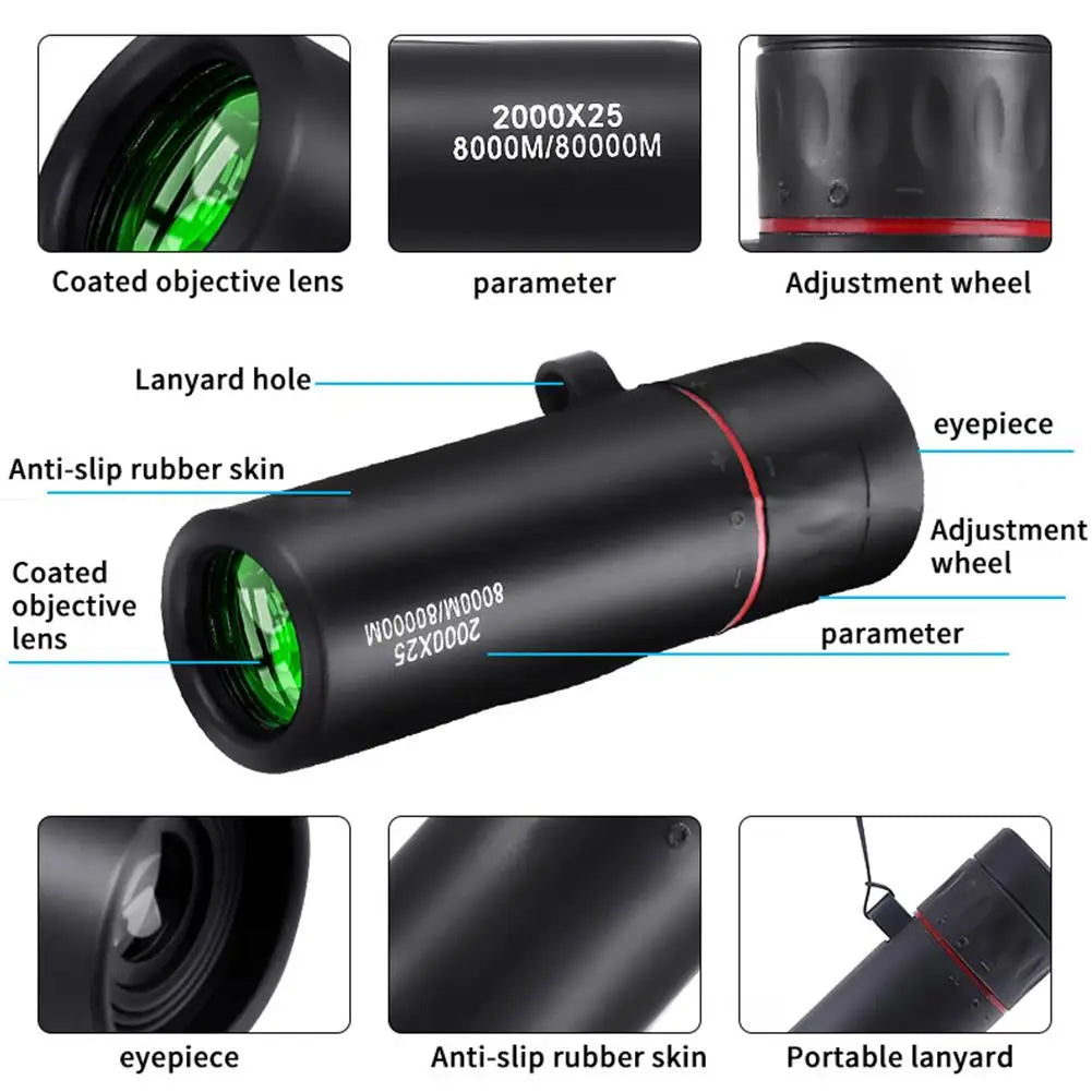 2000x25 HD Monocular Telescope with Phone Camera Adapter for Bird Watching Hunting Hiking Camping Wildlife