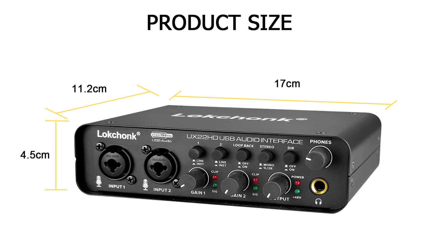 UX22 Audio Interface Sound Card 24-bit/192KHz AD Converter, Electric Guitar Live Recording Professional Studio Singing, Podcast