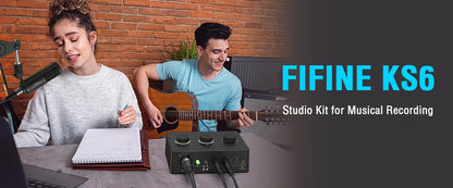 FIFINE Podcast Kit with Dynamic Mic/Sound Card, All-in-one Studio Set with Audio Mixer for PC Instrument Recording Streaming-KS6