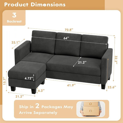 Living Room Sofas, 3 Seater L-shaped Convertible Combination Linen Sofa with Removable Footstool Small Sofa for Small Apartment