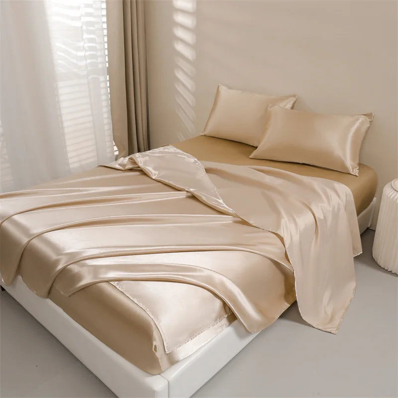 Satin Bed Sheets, Queen Size Sheets Set, 4 Pcs Silky Bedding Set   1 Deep Pocket Fitted Sheet + 1 Flat Sheet + 2 Pillowcases