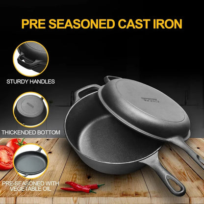 Cast Iron Dutch Oven Pot with Skillet Lid Cooking Pan, Cast Iron Skillet Cookware Pan Set with Dual Handles Indoor Outdoor