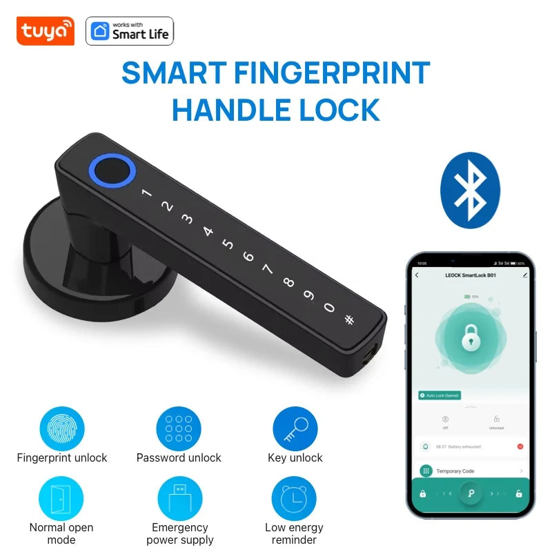 Tuya keyless entry door lock,Bluetooth short-range APP Control smart door handle - single row 5-in-1 fingerprint Door Lock