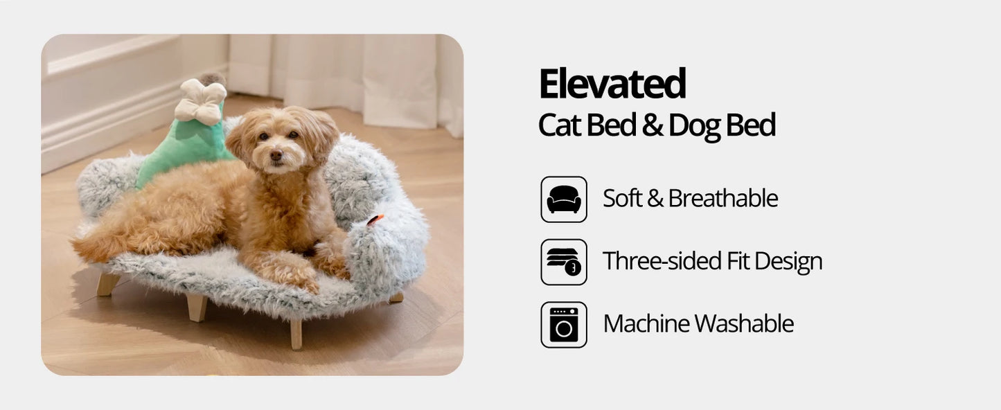 Mewoofun Cat Bed with Removable Washable Cover Elevated Cat Couch for Cats & Small Medium Dogs Wooden Pet Sofa Pet Furniture