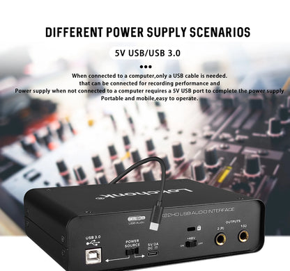 UX22 Audio Interface Sound Card 24-bit/192KHz AD Converter, Electric Guitar Live Recording Professional Studio Singing, Podcast